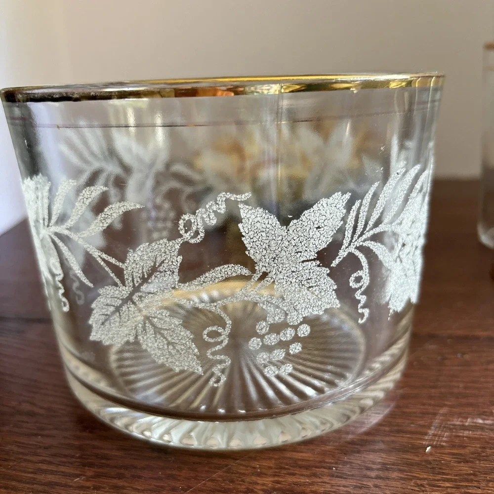 VTG‎ Bartlett Collins Frosted Grape Leaf Gold Rim Glasses 8oz (4) W/ Ice Bucket